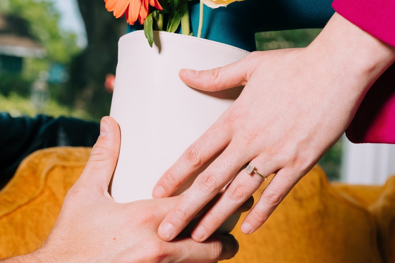 a pair of hands passing a potted plant, one of which is wearing an emerald cut engagement ring