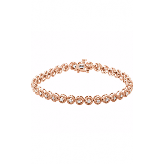 A rose gold tennis bracelet with a circular link design, each link encasing a bezel set diamond.