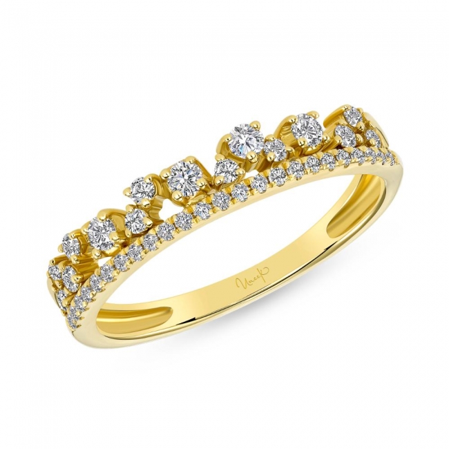 A yellow gold ring with a double row of sparkling white diamonds, featuring larger diamonds on the top row.