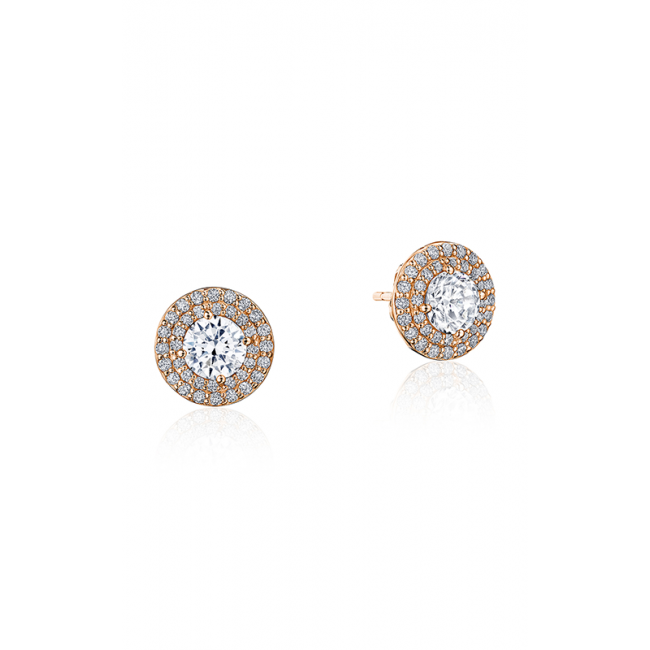 Two rose gold round stud earrings with large central diamonds, surrounded by smaller diamonds.