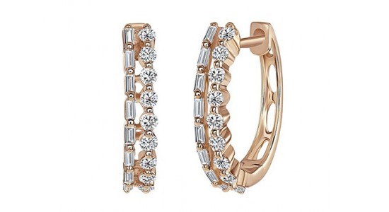 A pair of Uneek rose gold huggie earrings, available at Lewis Jewelers.