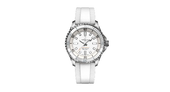 An all white women’s watch by Breitling, available at Lewis Jewelers.