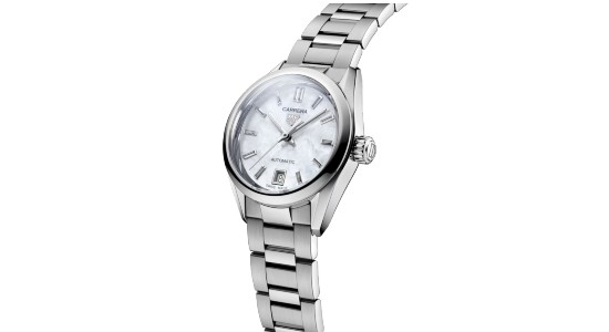 A stainless steel TAG Heuer watch with a mother of pearl dial, available at Lewis Jewelers.