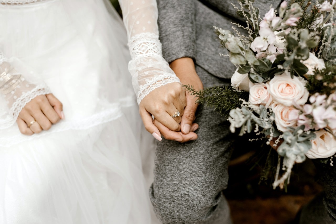 a bride and groom holding hands and wearing wedding bands