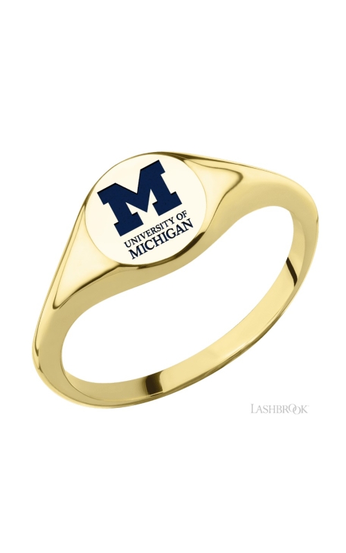 The Collegiate Collection University of Michigan Small Yellow Gold Circle Signet Ring with Blue Accent