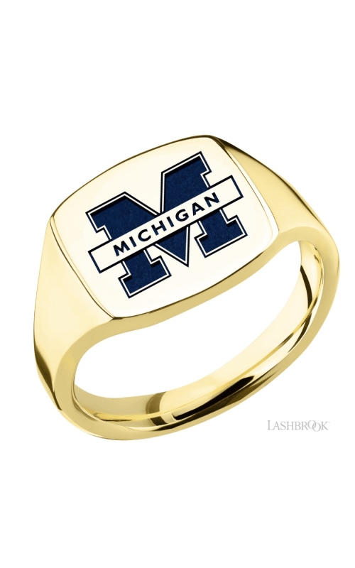 The Collegiate Collection University of Michigan Medium Cushion Yellow Gold Signet Ring with Blue Accent