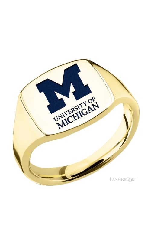The Collegiate Collection University of Michigan Medium Cushion Yellow Gold Signet Ring with Blue Accent