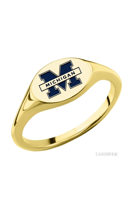 The Collegiate Collection University of Michigan Small Oval Yellow Gold Signet Ring with Blue Accent