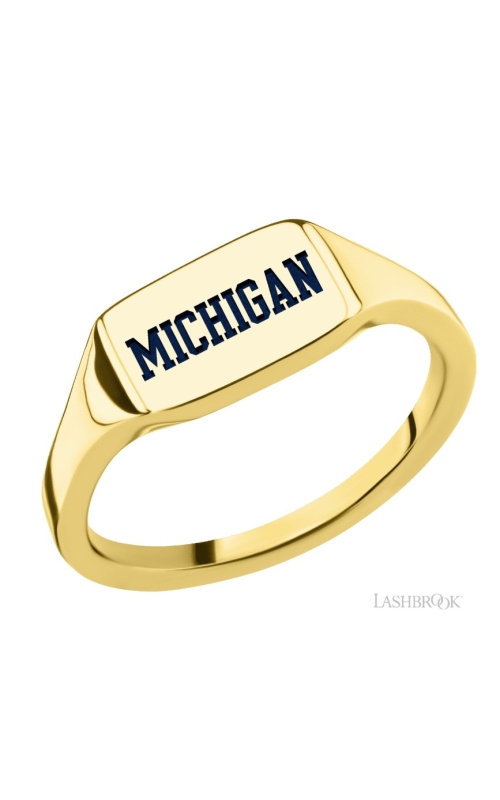 The Collegiate Collection University of Michigan Small Yellow Gold Rectangle Signet Ring with Blue Accent